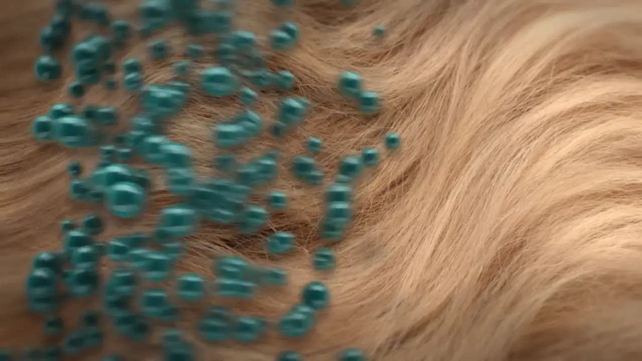 Quadro do reel de visualização 3D: fios de cabelo claro em close, com gotas verde-azuladas.