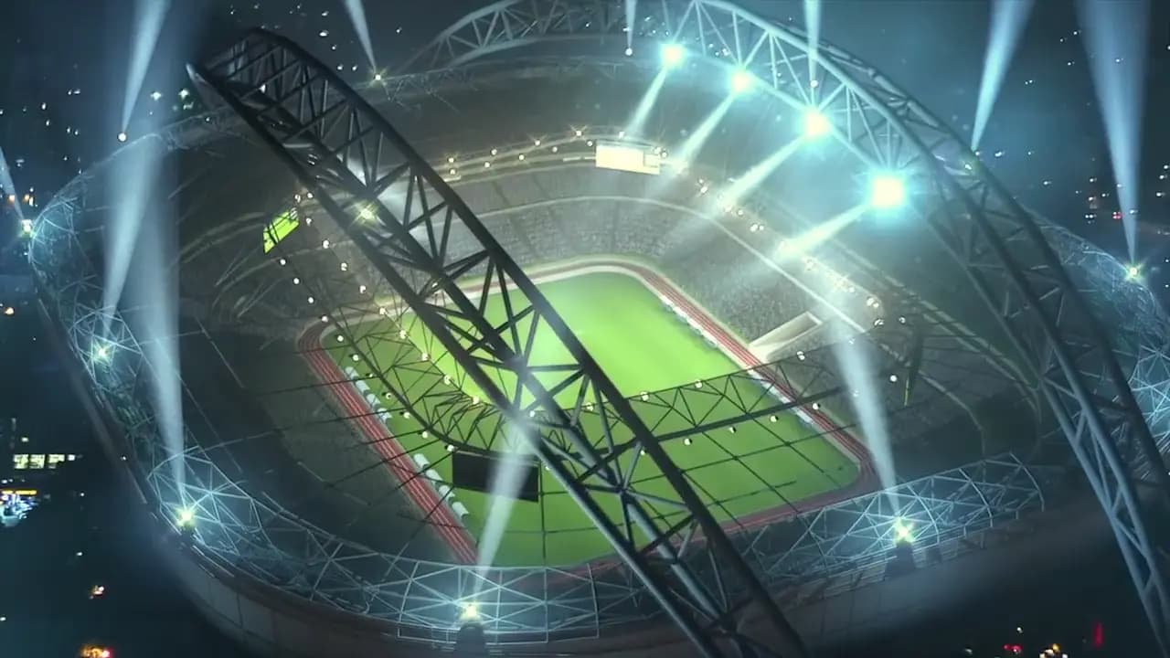 Quadro do reel de efeitos visuais: um estádio iluminado à noite, visto do alto, com os refletores acesos.