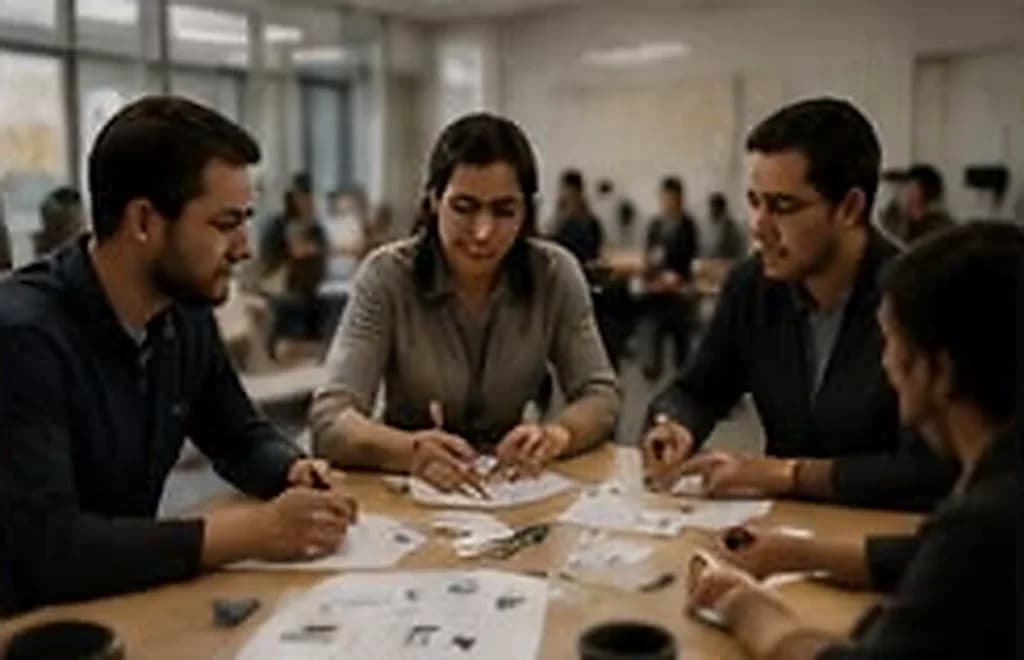 Imagem ilustrativa: grupo à mesa, escrevendo sobre folhas e cartões