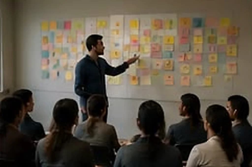 Imagem ilustrativa: facilitador diante de uma parede de notas adesivas, com um grupo sentado de costas