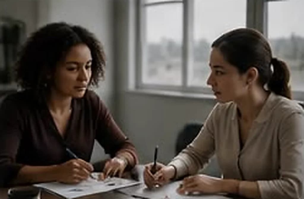 Imagem ilustrativa: duas pessoas conversando à mesa, com papéis e canetas