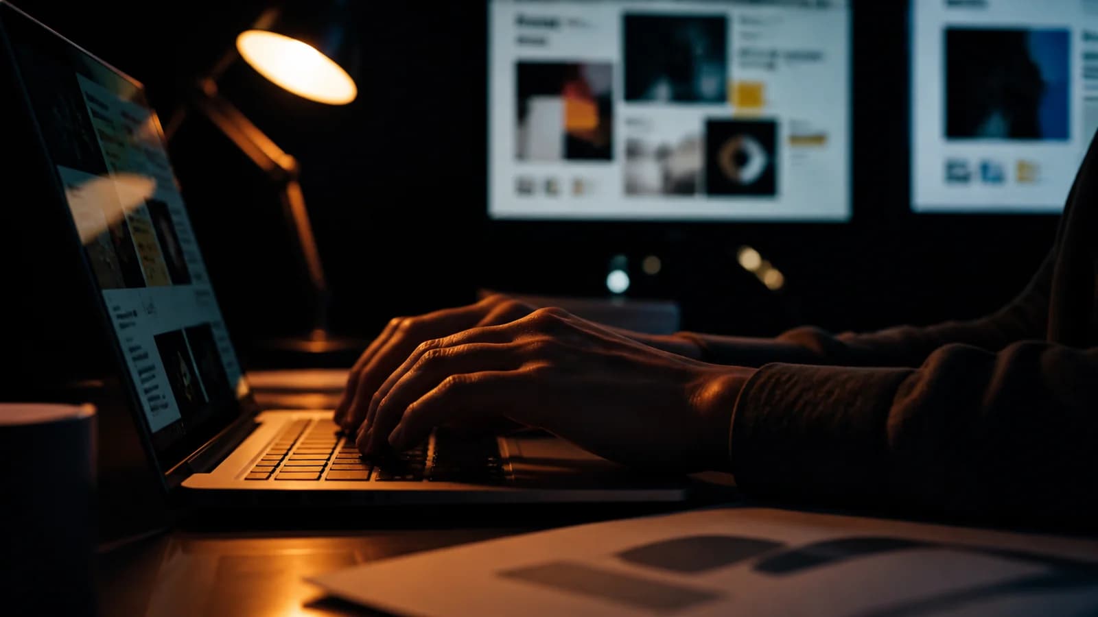 Imagem ilustrativa: mãos num teclado de notebook à noite, com monitores acesos ao fundo